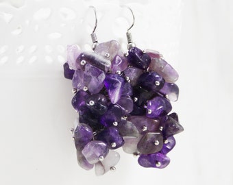 Amethyst earrings February birthstone amethyst jewelry Purple gemstone cluster earrings drop Protection earrings Lilac bold earrings dangles