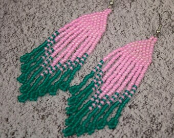 Emerald earrings dangle Bohemian beaded native seed earrings Statement beadwork boho style