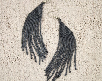 Gray fringe earrings Bohemian boho style Neutral Color Grey beaded earrings Celebrity earrings