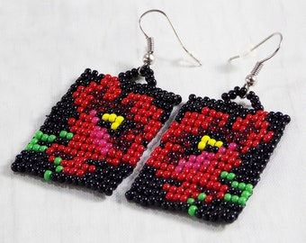 Handmade gifts red poppy beaded women earrings August birthday gift red poppy earring black floral glass Romantic gifts her Remembrance day