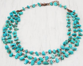 3 strand necklace Aqua Blue Gemstone turquoise necklace rustic multi strand 3 layer necklace nugget Chunky bib Low cost gift southwestern