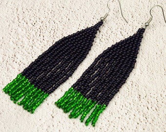 Purple green earrings Bright green tassel bead earring Native beadwork Dressy boho earrings