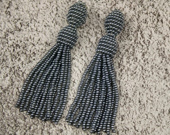 Gray tassel earrings Disco jewelry clips Sparkling Silver Shimmer shine Long Beaded studs Luxury Statement