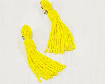 Sunny yellow tassel earrings clip on yellow bead earrings Dangle Non-Pierced tassel studs earring Yellow Statement oscar earrings drop