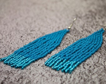 Blue fringe earrings Turquoise beaded shiny beaded earring Shoulder duster Blue formal earrings Woman gift jewelry