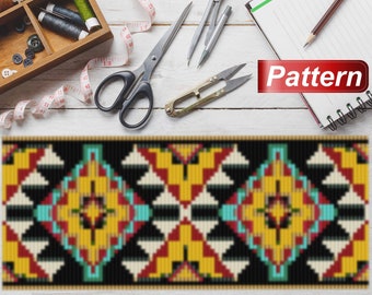 May include: A colourful geometric beading pattern with black, white, red, yellow, and turquoise beads. The pattern is labelled "Pattern" and is surrounded by craft supplies, including scissors, a tape measure, and a pencil.
