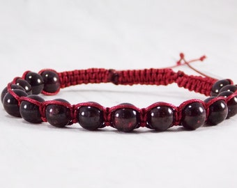 Gift for him red garnet bracelet men natural garnet jewelry gemstone bracelets January birthstone bracelet pulsera Macrame bracelet homme