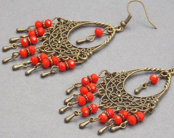 Chandelier earrings red jewelry red orange earrings bronze jewelry nice earrings coral earrings dangle earrings big earrings drop earrings