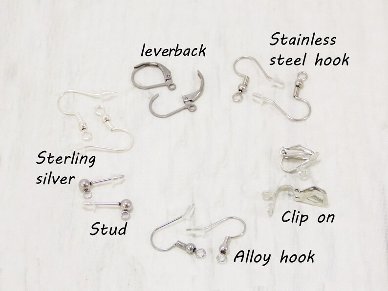 May include: A selection of earring findings, including leverback, stainless steel hook, sterling silver, stud, clip on, and alloy hook.