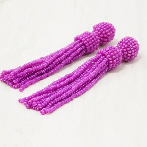 Pink tassel long magenta clip on for prom or evening Hot dark pink earrings Fuchsia bright statement Non Pierced dangle comfortable 5 inch image 6