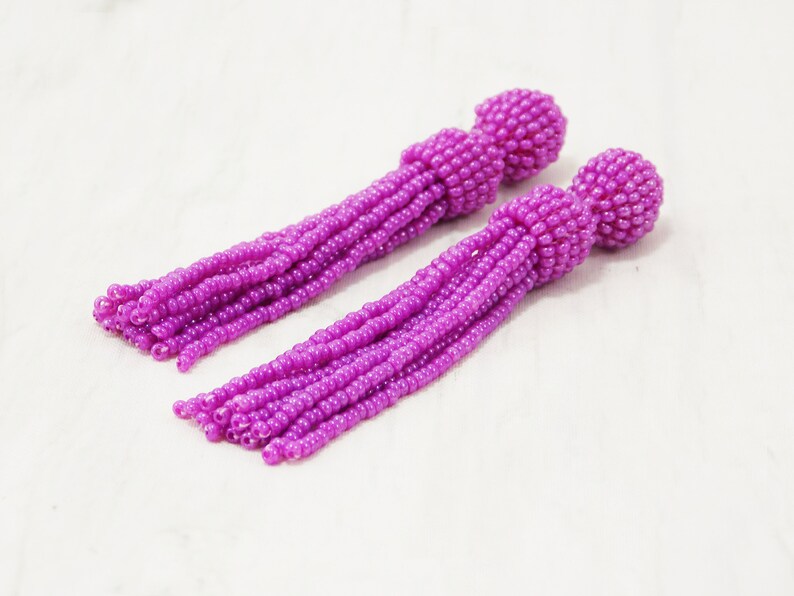 Pink tassel long magenta clip on for prom or evening Hot dark pink earrings Fuchsia bright statement Non Pierced dangle comfortable 5 inch image 6