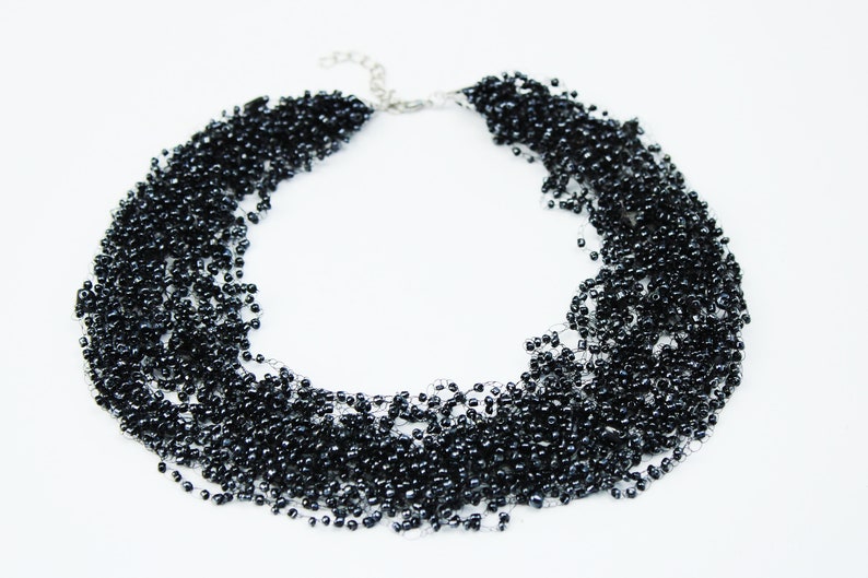Black fluffy choker Evening wear Sexy black beaded choker Wiccan witch jewelry Timeless Classic shiny black necklace Illusion Elegant gift image 3