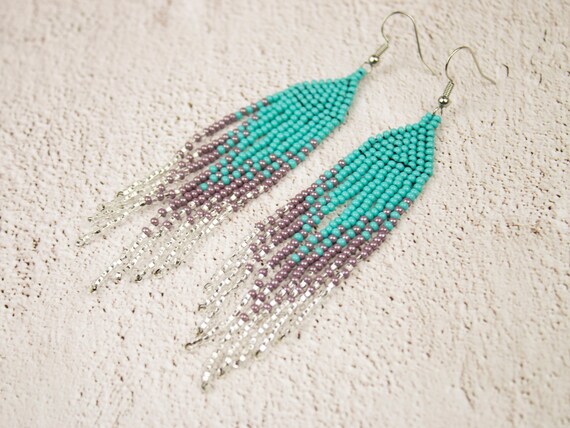 Turquoise silver ombre earrings Chic prom tassels Three layer tassels blue pastel earrings Mermaid women earrings Long waterfall earrings
