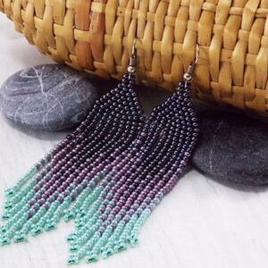 Gift for women beaded jewelry fringe earrings ombre jewelry statement earrings purple earrings beaded earrings Long earrings boho jewelry image 9