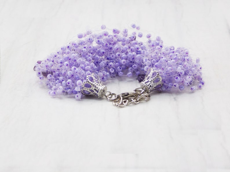 Light purple gem Amethyst jewelry Gift for teacher Multistrand bracelet Mermaid party Amethyst bracelet Elastic beaded cuff stretch gemstone image 8