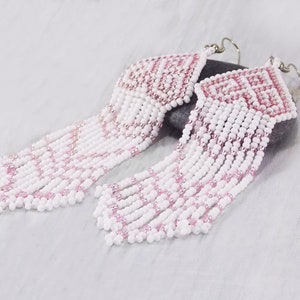 White bead earrings with pink patterned tassel Bohemian style Women best gifts Choose your hooks image 5