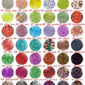May include: A chart of 68 different colours of tiny beads, each colour is labelled with a number and a descriptive name. The beads are arranged in a grid pattern.