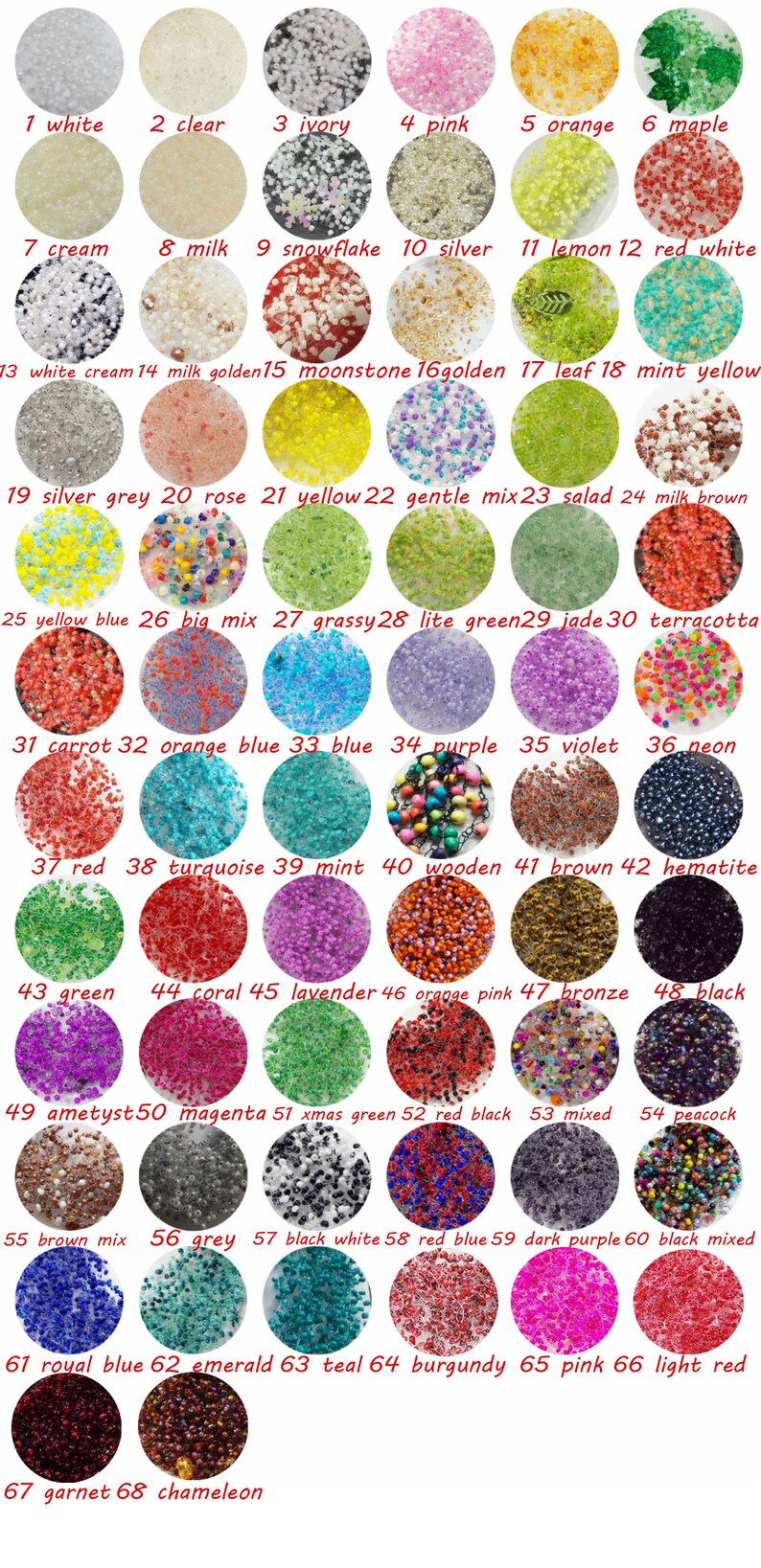 May include: A chart of 68 different colours of tiny beads, each colour is labelled with a number and a descriptive name. The beads are arranged in a grid pattern.