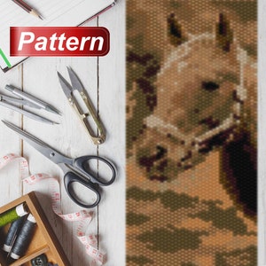 May include: A beaded pattern of a horse's head with brown, tan, and white beads. The horse's head is facing the viewer and the background is a brown and green pattern.