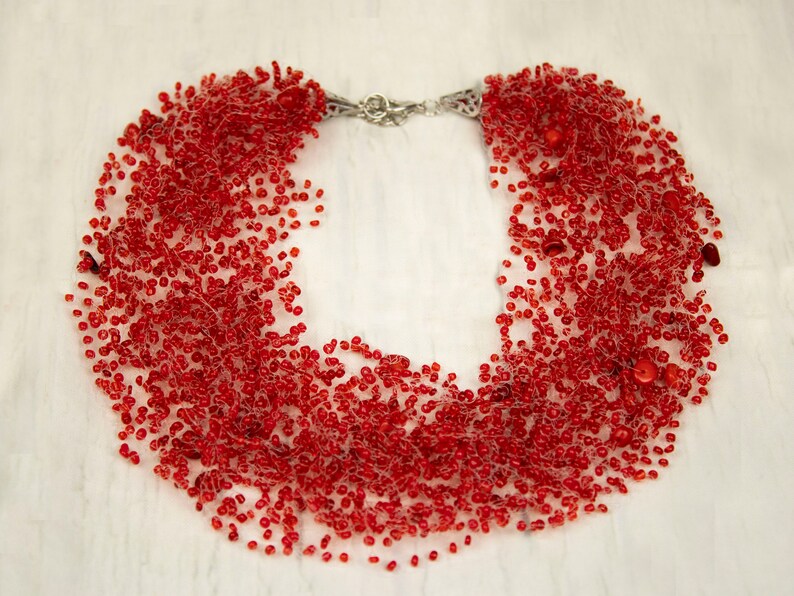 Statement Red necklace coral necklace bib necklaces bridal red jewelry ukrainian necklace coral jewelry christmas necklace Mom Birthday gift image 9