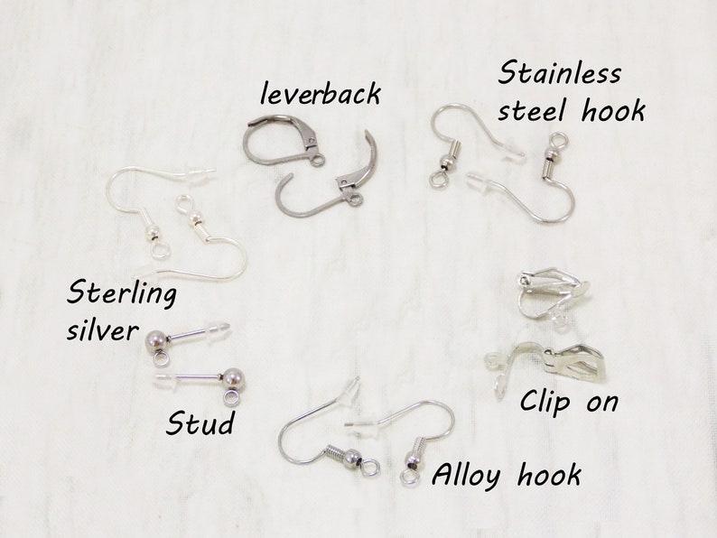 May include: A variety of earring findings, including leverback, stainless steel hook, sterling silver, stud, clip on, and alloy hook.
