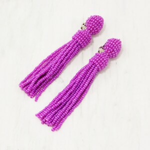 Pink tassel long magenta clip on for prom or evening Hot dark pink earrings Fuchsia bright statement Non Pierced dangle comfortable 5 inch image 5