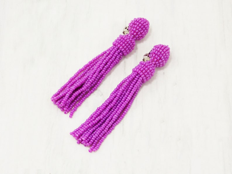Pink tassel long magenta clip on for prom or evening Hot dark pink earrings Fuchsia bright statement Non Pierced dangle comfortable 5 inch image 5