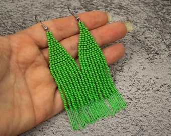 Green neon earrings Neon tassel earring Vintage style fashion clip on Illuminating green neon beaded earrings 80s Fun colorful earrings