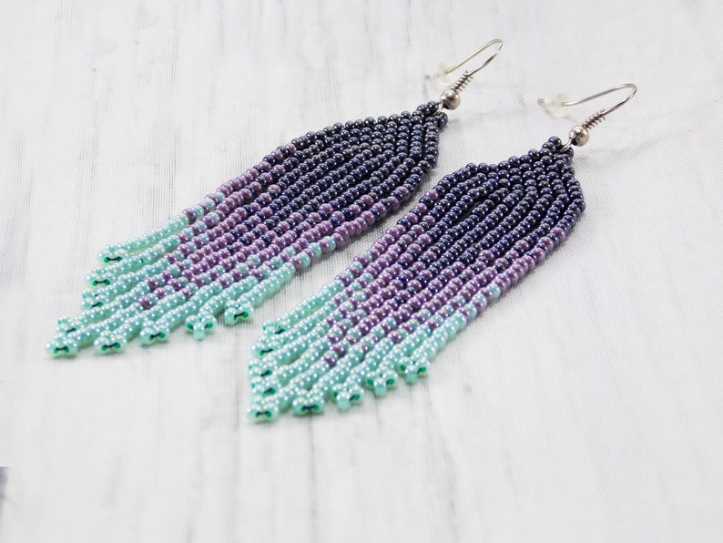 Gift for women beaded jewelry fringe earrings ombre jewelry statement earrings purple earrings beaded earrings Long earrings boho jewelry image 8