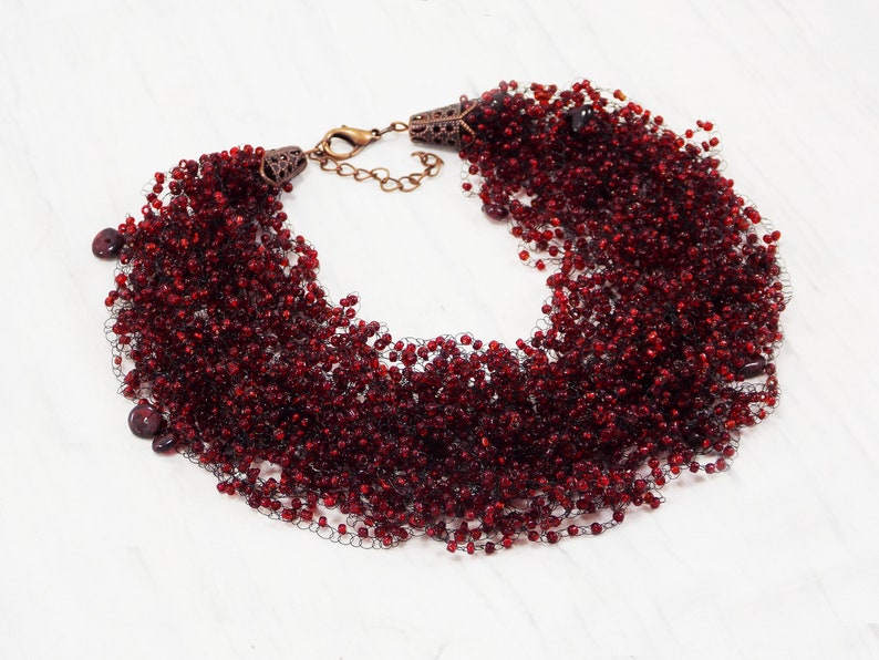 Garnet necklace night out valentine Pomegranate jewelry Ruby multi strand dark red necklace Trellis necklace Genuine birthstone red gem wine image 6