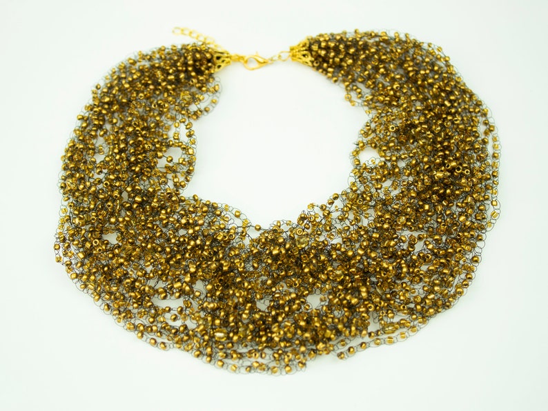 Golden necklace bib Beaded multistrand gold necklace for party Gold statement multi layered choker Women gold jewelry gifts Custom length image 5