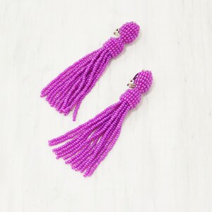 May include: A pair of purple beaded tassel earrings with silver clip-on closures.