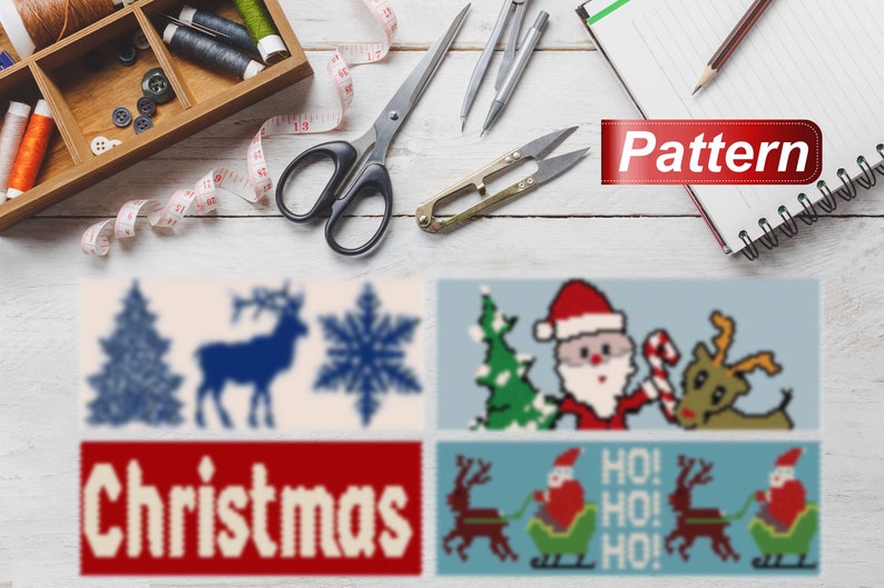 May include: A Christmas cross-stitch pattern with a red, white, and blue color scheme. The pattern includes a reindeer, a snowflake, a Christmas tree, and the word "Christmas".