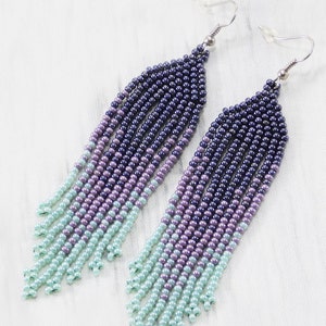 Gift for women beaded jewelry fringe earrings ombre jewelry statement earrings purple earrings beaded earrings Long earrings boho jewelry image 7