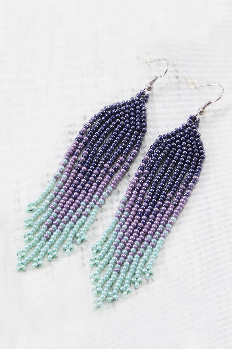 Gift for women beaded jewelry fringe earrings ombre jewelry statement earrings purple earrings beaded earrings Long earrings boho jewelry image 7