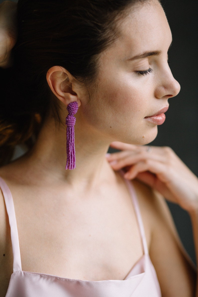 Pink tassel long magenta clip on for prom or evening Hot dark pink earrings Fuchsia bright statement Non Pierced dangle comfortable 5 inch image 1
