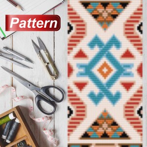 May include: A vibrant geometric pattern in beige, blue, orange, and red. The word "Pattern" is on a red banner. Sewing tools, including scissors, thread, and a measuring tape, are arranged on a white wooden surface.