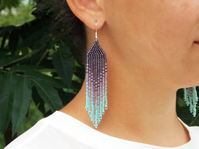 Gift for women beaded jewelry fringe earrings ombre jewelry statement earrings purple earrings beaded earrings Long earrings boho jewelry image 5