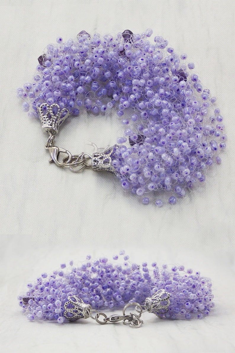 Light purple gem Amethyst jewelry Gift for teacher Multistrand bracelet Mermaid party Amethyst bracelet Elastic beaded cuff stretch gemstone image 10