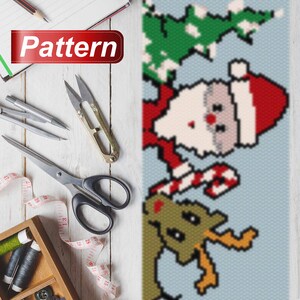 May include: A beaded pattern for a Christmas bracelet featuring Santa Claus, a reindeer, and a Christmas tree. The pattern is on a blue background with white, red, green, and yellow beads.