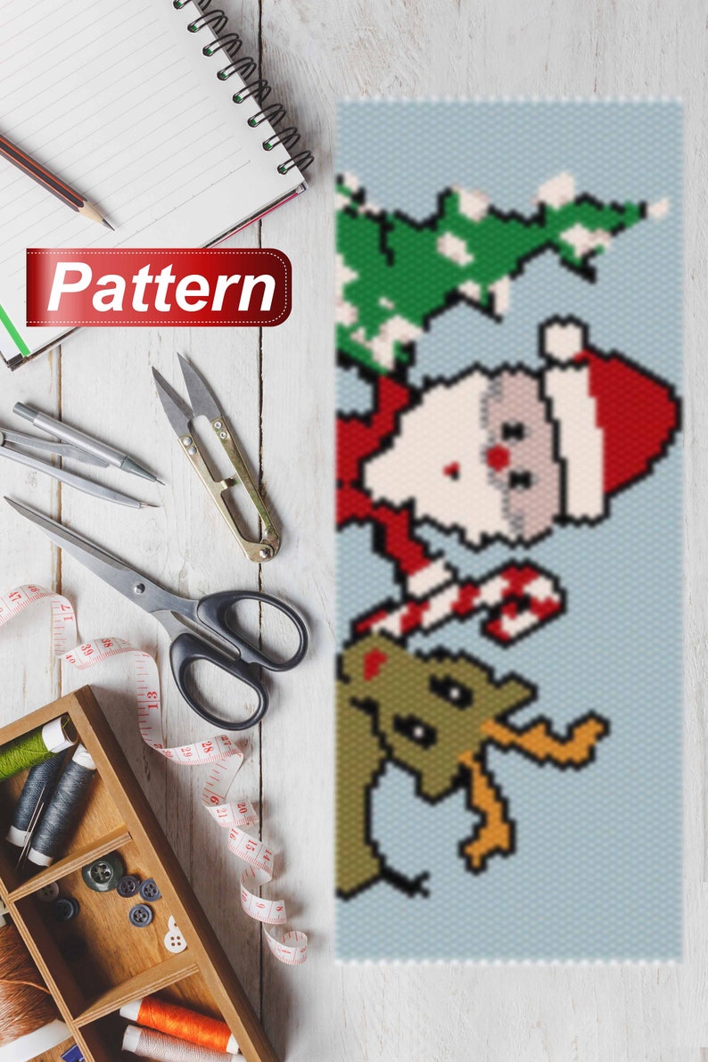 May include: A beaded pattern for a Christmas bracelet featuring Santa Claus, a reindeer, and a Christmas tree. The pattern is on a blue background with white, red, green, and yellow beads.