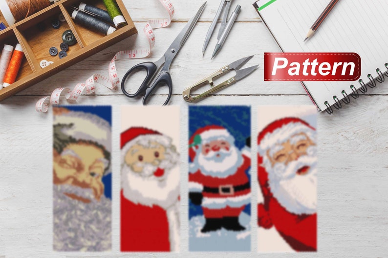 May include: Four different Santa Claus designs for cross stitch or needlepoint. Each design features a different Santa Claus with a red suit and white beard. The designs are on a white background with the word "Pattern" in red at the top of the image.