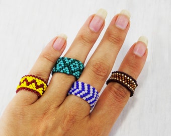 Band rings for women Colour boho ring set beaded Finger rings boho beaded rings for fingers Beaded tribal ring women Bohemian middle finger