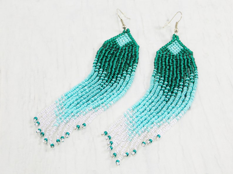 Statement gift ideas for wife birthday women Blue patina earrings Gradient statement boho tassel earrings Nautical mermaid pierced sea wave image 4