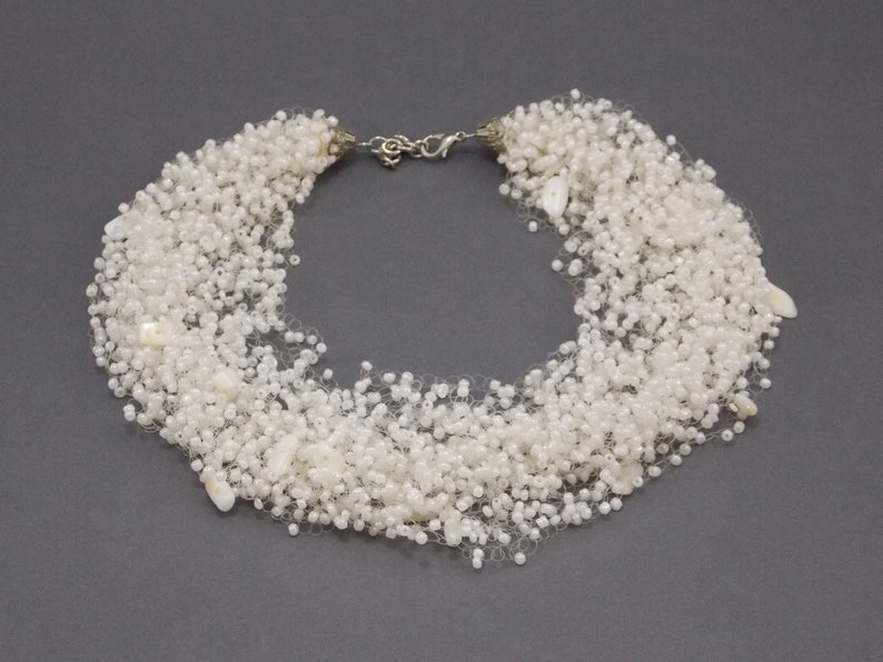 Off white bib multi strand statement necklace 18 women Layered Glass Bead ivory pearl lace unusual jewelry Illusion Stylish Gorgeous gift image 7