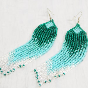 Statement gift ideas for wife birthday women Blue patina earrings Gradient statement boho tassel earrings Nautical mermaid pierced sea wave image 6