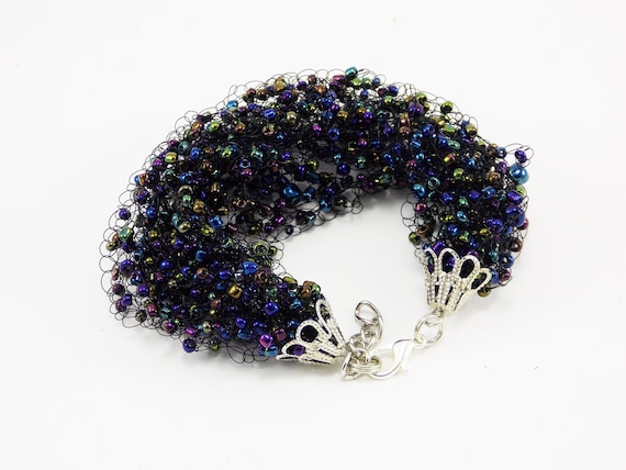 Peacock bracelet for her Iridescent bracelet Made of honor gift Navy blue bracelet Peacock jewelry oversized bracelet Peacock tails bronze