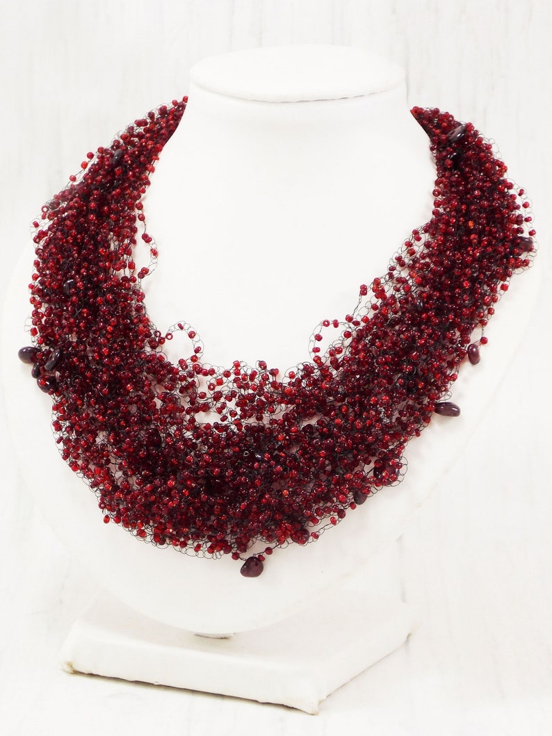 Garnet necklace night out valentine Pomegranate jewelry Ruby multi strand dark red necklace Trellis necklace Genuine birthstone red gem wine image 9