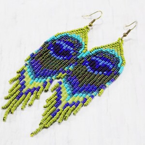 Peacock earrings peacock feather earrings bird earrings long hippie earrings exotic earrings iridescent earrings animal totem eye earrings image 2