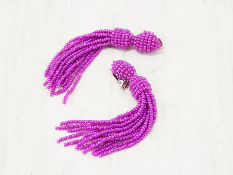 Pink tassel long magenta clip on for prom or evening Hot dark pink earrings Fuchsia bright statement Non Pierced dangle comfortable 5 inch image 2